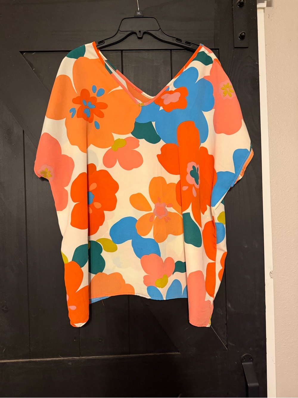 Vibrant Floral V-Neck Top in Orange, Blue & Pink